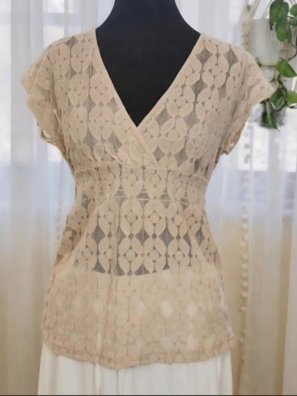 Cream Lace Peplum Lace Top | Romanitic Boho Cottagecore Cap Sleeve Blouse - Picture 3 of 5
